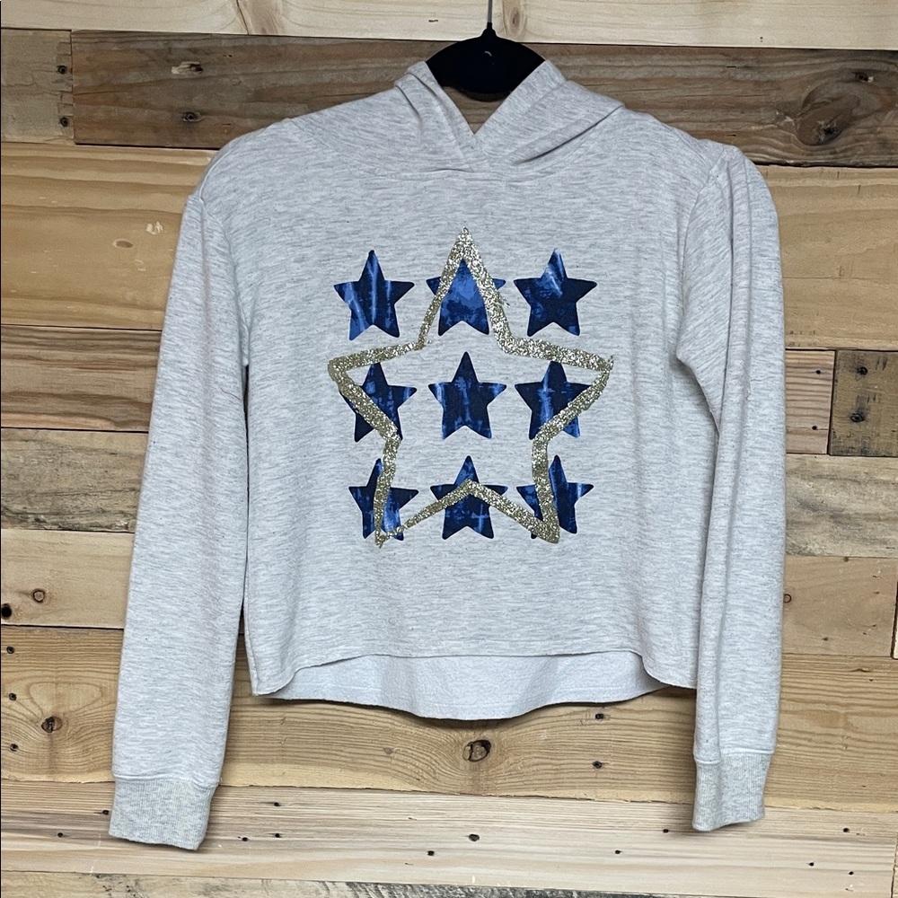 Justice Active size 10 Soft Gray Sparkly Graphic Stars Cropped Hoodie